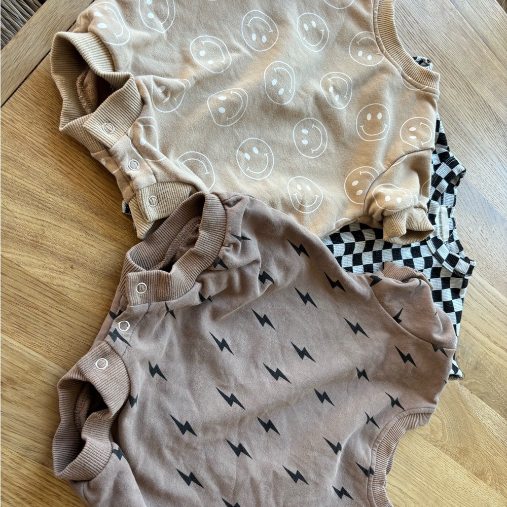 Forever French Set of 3 Rompers with Smiley & Lightning Patterns & checks